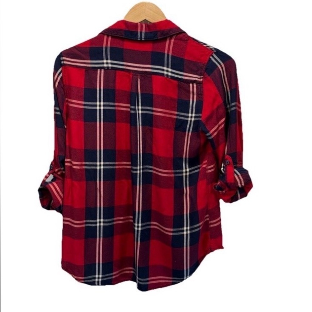 Woolrich Women's Medium Red Plaid Rayon Button Shirt Roll Tab Sleeve Casual - Picture 4 of 12